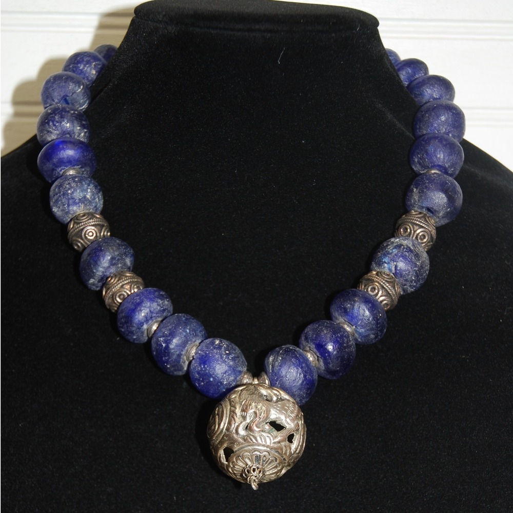 Vintage Blue Glass Chines Zodiac Horse Necklace Antique Silver Amulet Charm